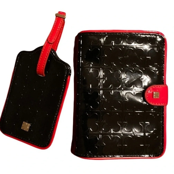 Luxury black  red trim clover embossed leather passport holder luggage tag set - Picture 1 of 10